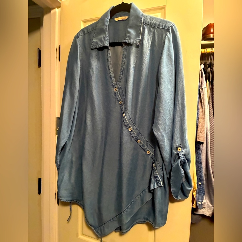 Soft Surroundings: Blue Asymmetrical Button-Up Shirt